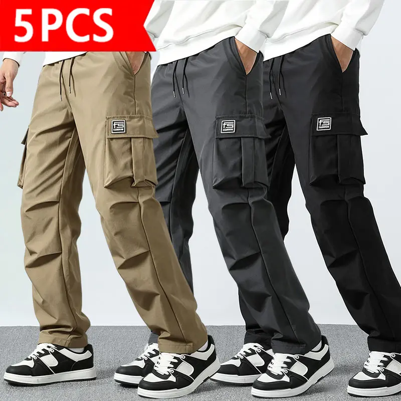 Men’s 5-pack wide-leg cargo pants featuring multiple pockets and an elastic waistband; casual streetwear style with a loose fit and drawstring design—ideal for outdoor activities, urban fashion, everyday casual wear, and weekend outings.
