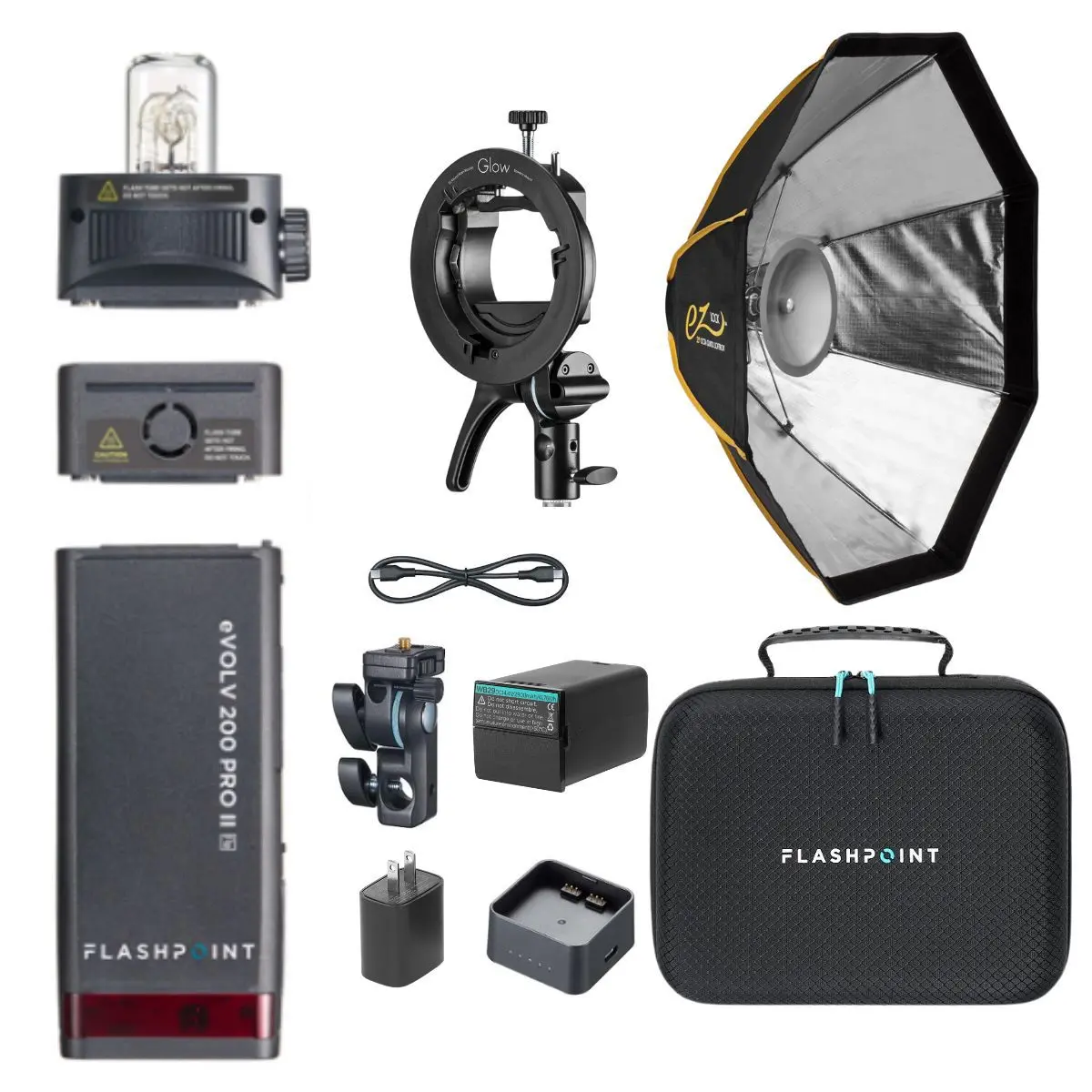Flashpoint eVOLV 200 Pro II TTL Pocket Flash Kit With Glow EZ Lock Octa Small Quick Softbox (25") and S2 Bracket