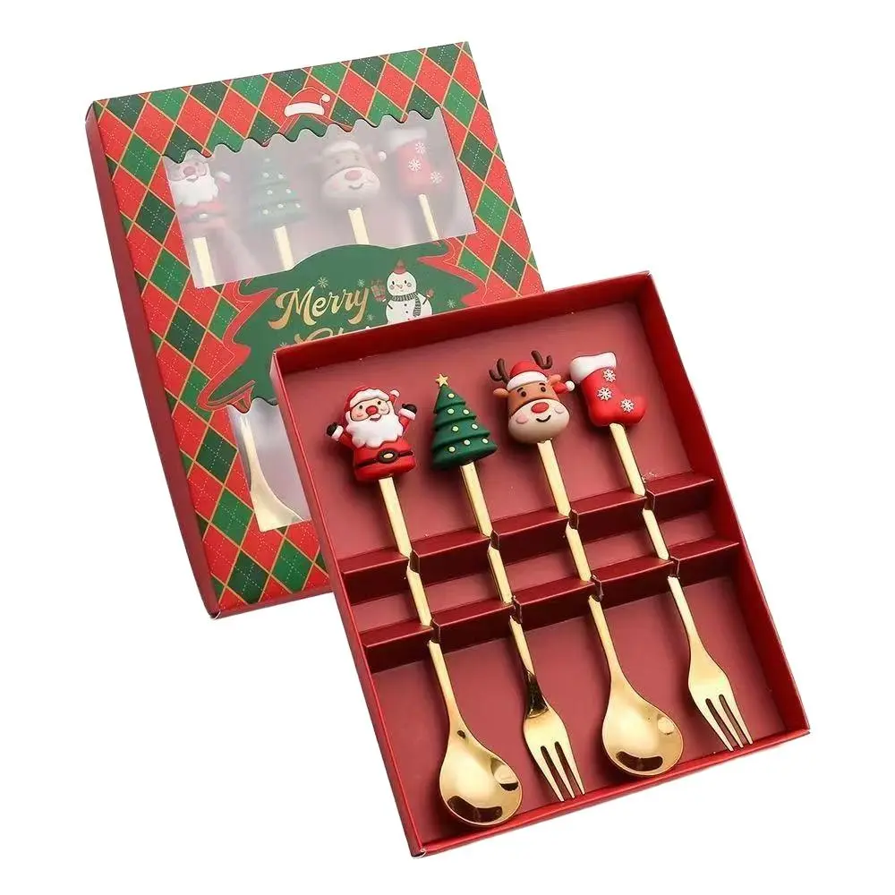 Christmas Stainless Steel Spoon Fork Set, Cute Santa & Christmas Tree Cutlery, Cartoon Dessert Spoon Flatware, Creative Xmas Table Decor, Holiday Tableware Gift Set for Home Dinner, Party, Coffee, Dessert, Christmas Gift for Family Friends