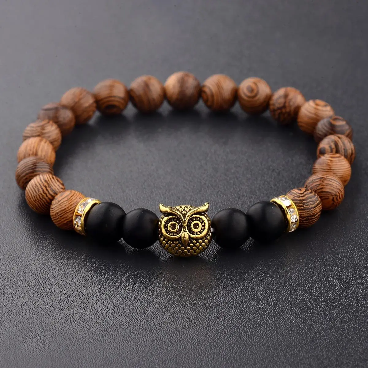 Unisex Fashion Exotic Beaded Frosted Stone Bracelet & Bangle Set - Black Stone, Wood, Gold Owl Charm, Lifeline Design, Animal Alloy Accessories, Yes Matching Pair for Casual Wear