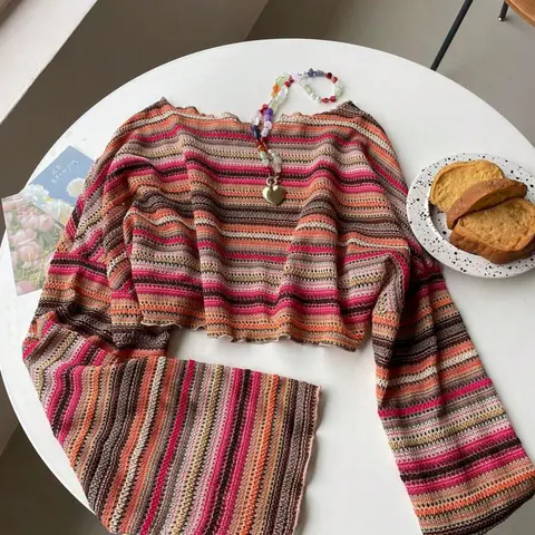 Women's Textured Casual Loose-Fit Vacation Colorful Crochet Striped Flare Long Sleeve T-Shirt, All Seasons, Watercolour Pattern, Boho Cottagecore Shirt