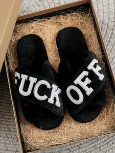 Pearl Drilled Letter off Women's Plush Soft Slippers, Comfortable Cross Strap Design, Memory Foam, Perfect Home Gift for Wife