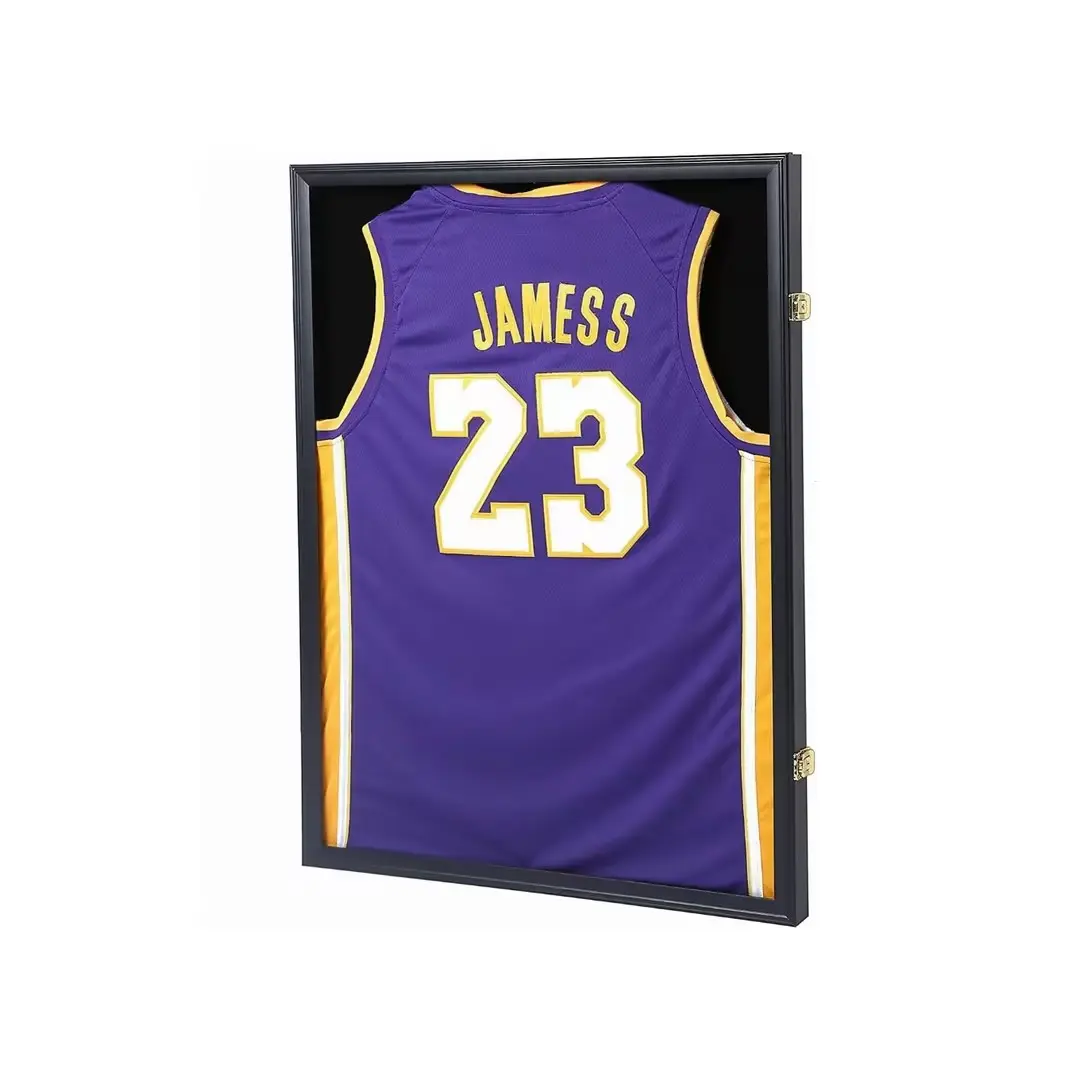 Premium Lockable Jersey Display Case - 31.25in x 23.25in x 1.5in Wood Shadow Box, Museum-Quality UV Protective Fade-Resistant Acrylic Front, Key-Lock Front-Opening Door, Integrated Hangers, Generously Sized for Football/Basketball Jerseys, Ideal Gift