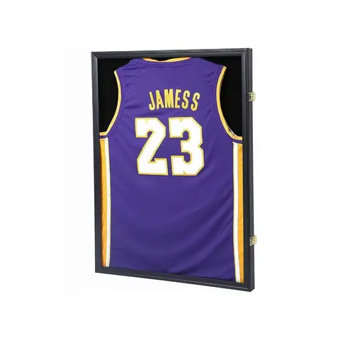 Premium Lockable Jersey Display Case - Solid Wood Wall Hanging Metal Frame (31.25"x23.25"x1.5"), Museum-Quality UV Fade Guard Acrylic Front, Key-Lockable Door, Integrated Hangers, Fits Most Jerseys & Sleeveless Styles, Home/Office Decor, Ideal Fan Gift