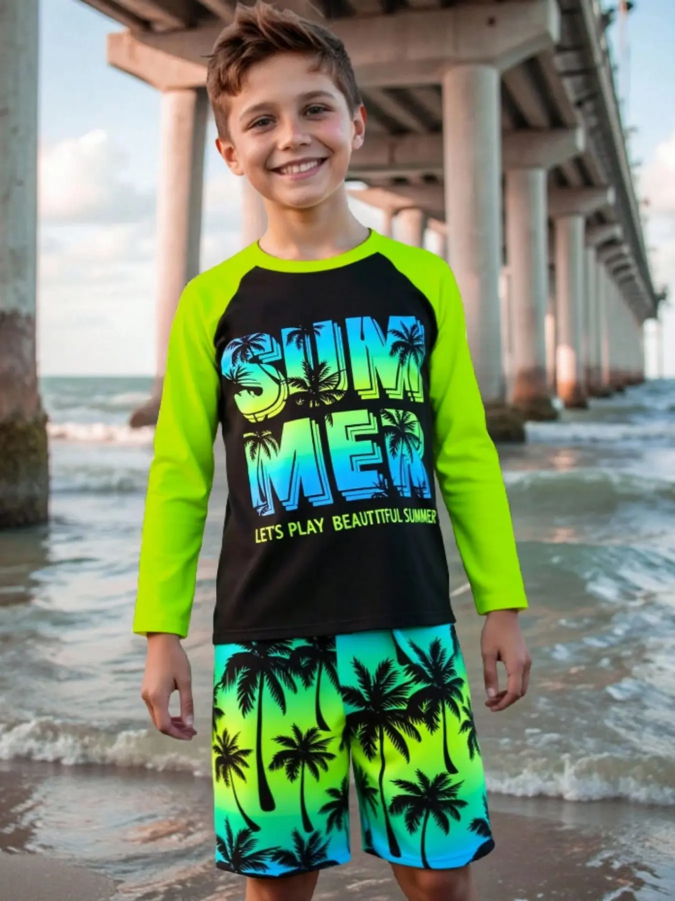 Kids' Dinosaur Theme Swimwear Set, Long Sleeve Sun Protection, Suitable for Beach and Pool, Fun and Comfortable Kids Swimsuits, Swimwear Outfits