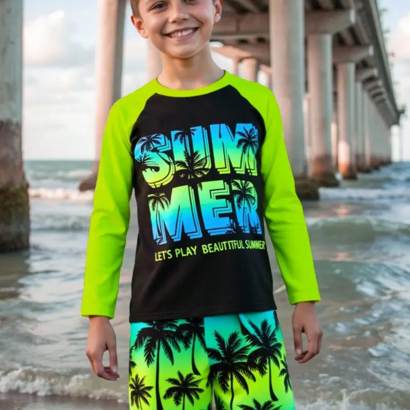 Kids' Dinosaur Theme Swimwear Set, Long Sleeve Sun Protection, Suitable for Beach and Pool, Fun and Comfortable Kids Swimsuits, Swimwear Outfits, Childrens Swimwear