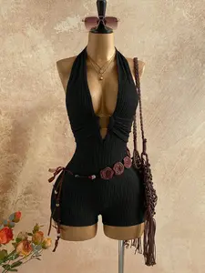 Women's Backless Halter One-Piece Short Pants with Belt, Stylish Casual Wear, Comfortable All-Season, Perfect for Daily Use