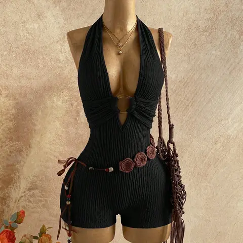 Women's Backless Halter-Neck Sleeveless One-Piece Short Chic Romper with Belt, Stylish Comfortable All-Season Daily Wear