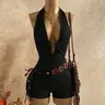Women's Backless Halter-Neck Sleeveless One-Piece Short Chic Romper with Belt, Stylish Comfortable All-Season Daily Wear