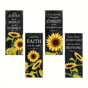 Sunflower Pattern Wooden Wall Decor, 4 Counts/set Vintage Wooden Board Painting Decor, Inspirational Quote Wall Art, Room Decor, Ornaments