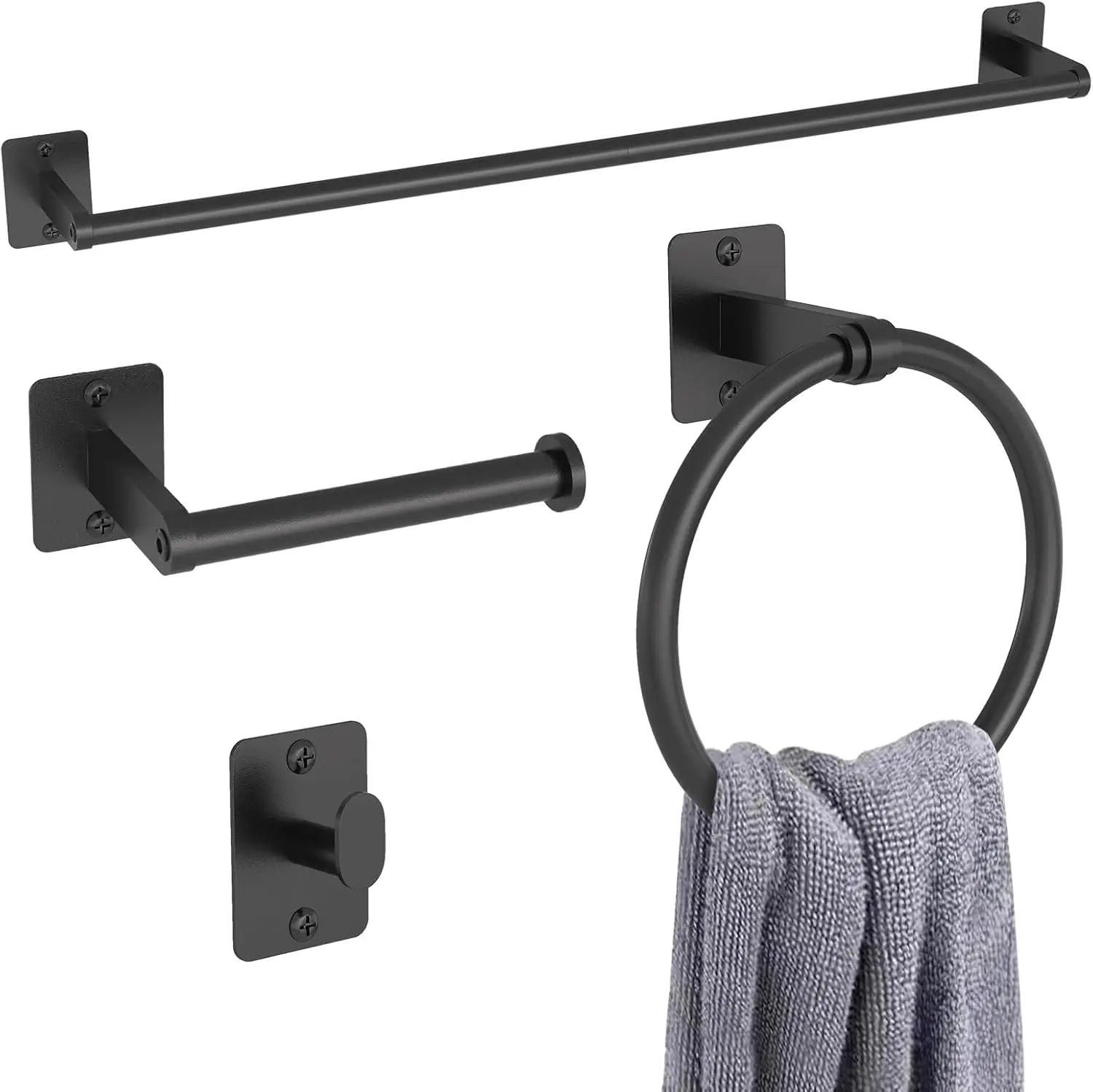 4 Pieces Matte Black Bathroom Accessories Set,  24 inch Towel Bar, Towel Racks for Bathroom, Robe Towel Hooks, Toilet Paper Holder Wall Mounted