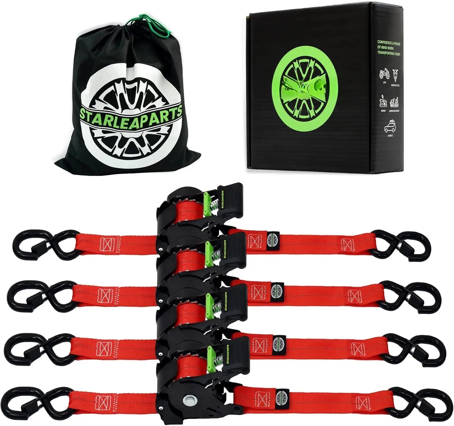 Retractable Ratchet Straps(4PK 1.0INX12FT) - 1,500lb Break Strength, Ratchet Strap Heavy Duty with Rubber Coated Handle,  Auto Ratchet Straps for , (Red)