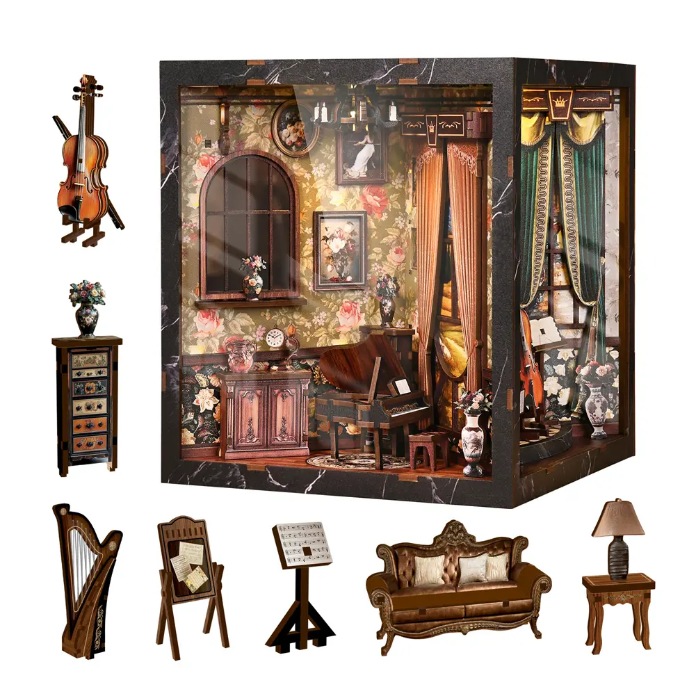Miniature House Kit - DIY House with Room, Castle Roof & Colors | Handmade-Style Assembly with Pre-Cut Pieces | No Glue Included | Christmas, Birthday, Thanksgiving Gift & Adults | Home Decor Display Model Doll Accessories Gift Wooden Playhouse