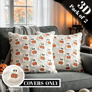 2-Pack 3D Ghost Pumpkin Colorful Embroidery Plush Throw Pillow Cushion Cover, Home Textile, Cute Cartoon Quilted Style Plush Faux Fur 18x18Inch Pillow Insert Not Included For Halloween Trick or Treat Fall Winter Party Living Room Bedroom
