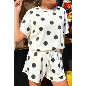 Black Polka Dot Print Loose Tee Drawstring Elastic Waist Short Set