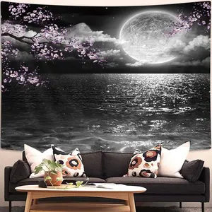 Moon Ocean Tapestry, Cool Asian Anime Tapestry Wall Hanging, Japanese Art Cherry Blossom Decorations Nature Tapestry for Bedroom Living Room College Dorm Decor 60X40 Inches