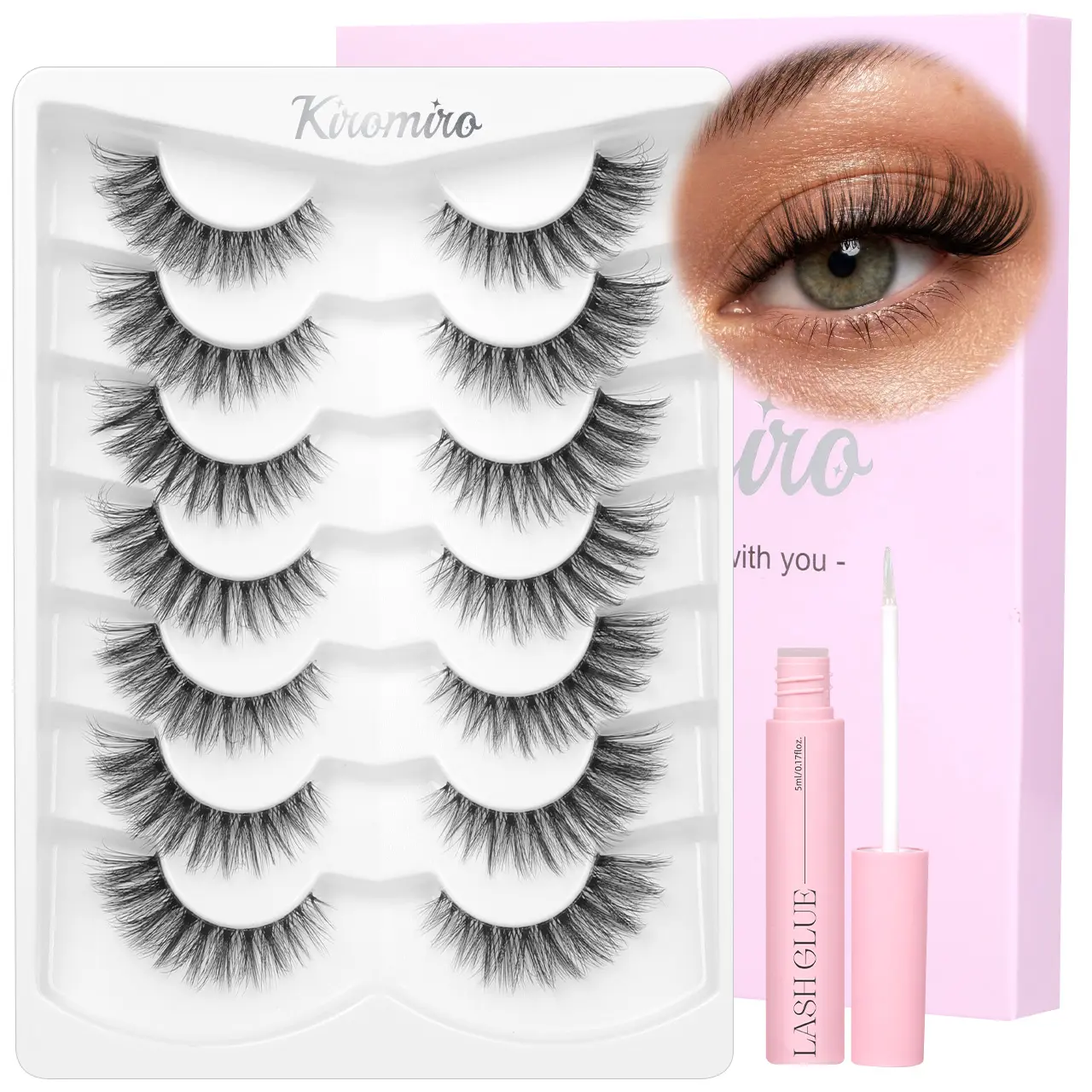Kiromiro Natural Lashes Clear Band 15mm False Eyelashes Natural Look Cat Eye Lashes Faux Mink Eyelashes Strips for Makeup, 7 Pairs