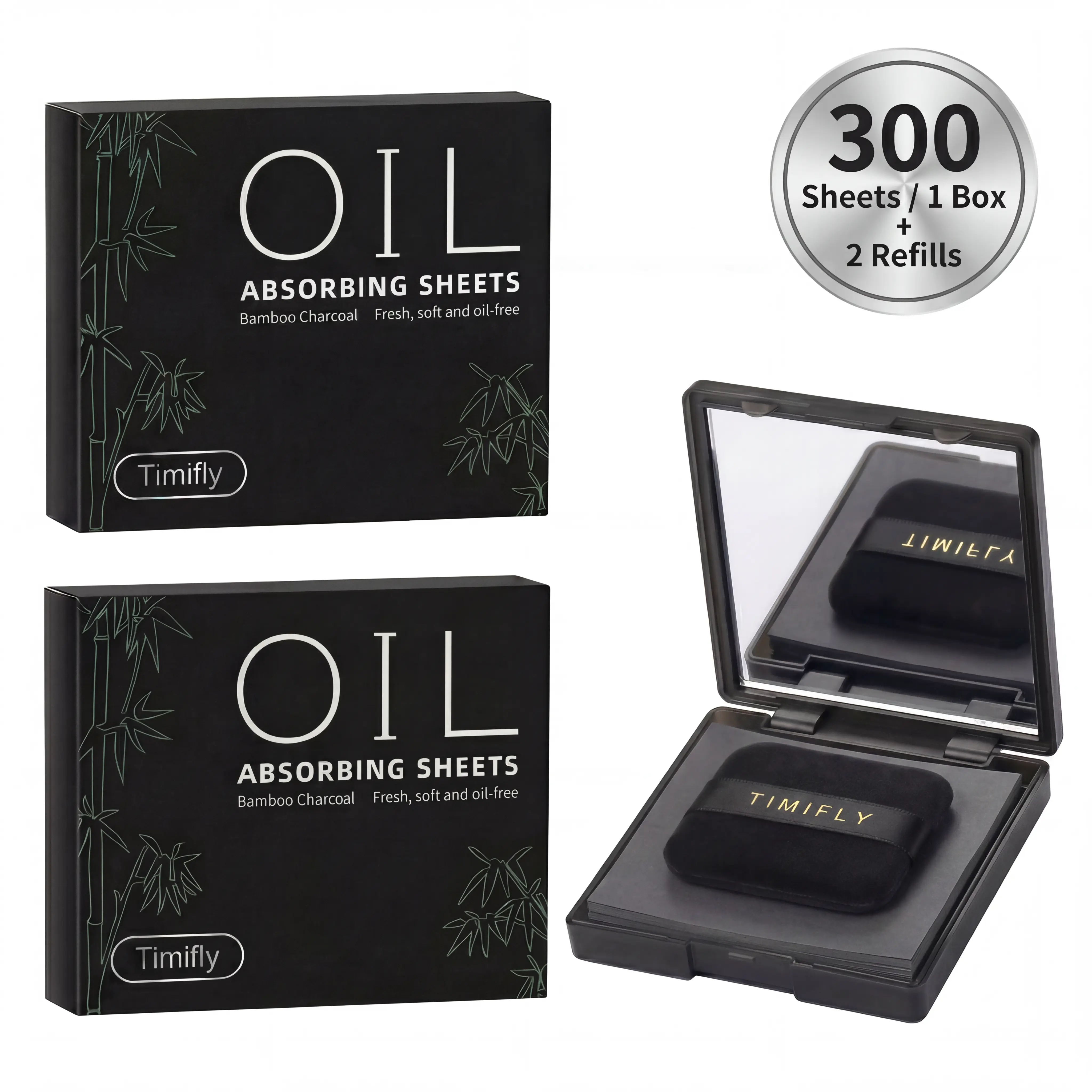 Facial Oil Blotting Paper with Mirror, 1 Portable Oil Control Case + 2 Refills, Bamboo Charcoal Face Blotting Sheets for Oily Skin, Makeup Touch Up, T-Zone Shine Control, Travel Beauty Essential