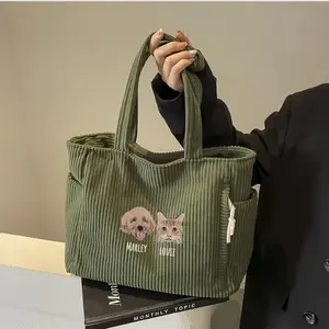 Custom EMBROIDERED Pet Portrait Tote Bag, Gifts for Her, Dog Mom Corduroy Pouch, Personalized Gift Women, Bridesmaids Gifts