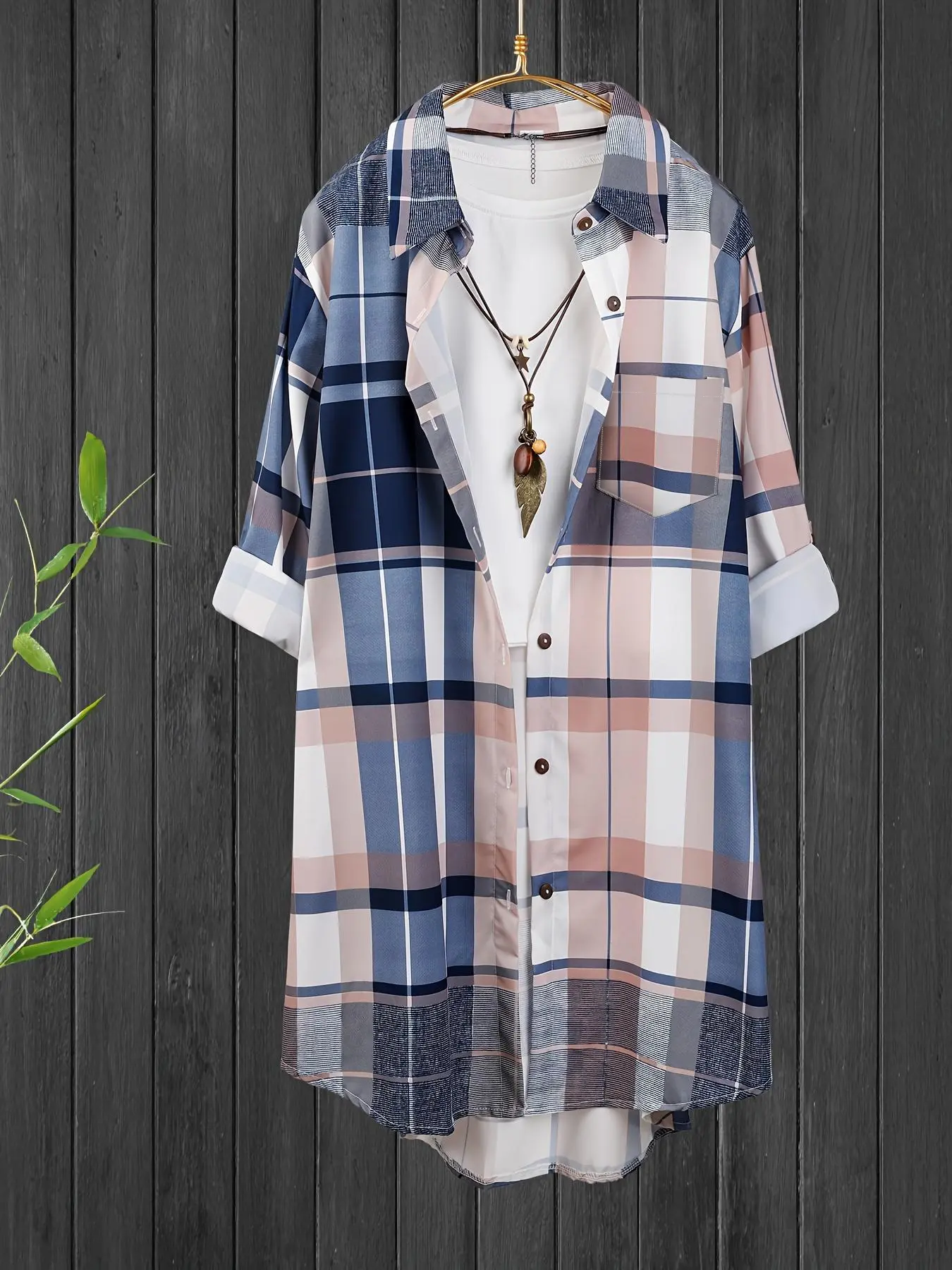 Plus Size Women's Casual Plaid Long Sleeve Fitted Button Down Shirt Blouse, Four Seasons Wearable Polyester Blend, Fashion Lapel Design with Button Details