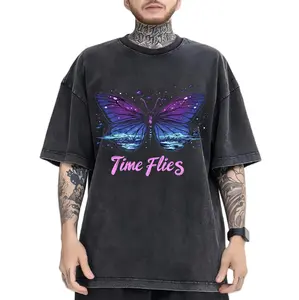 Mens Time Flies Away Funny Graphic Washed T-shirt Vintage Cotton Short Sleeve Tops
