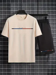 2 Pieces Two-Piece Set Men's Letter Graphic Shorts Set, Casual Stretchable Round Neck Short Sleeve Tee & Drawstring Pocket Shorts, Father's Day Gift, Trendy Summer Clothes for Daily Wear, Men's Clothing Outfits, Menswear
