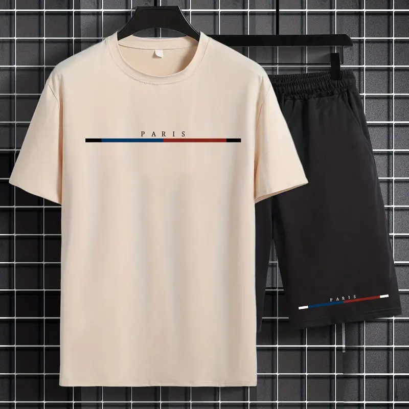 2 Pieces Two-Piece Set Men's Letter Graphic Shorts Set, Casual Stretchable Round Neck Short Sleeve Tee & Drawstring Pocket Shorts, Father's Day Gift, Trendy Summer Clothes for Daily Wear, Men's Clothing Outfits, Menswear