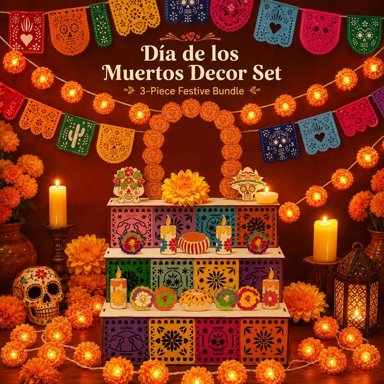 Colorful three tier Dia de los Muertos wooden altar display