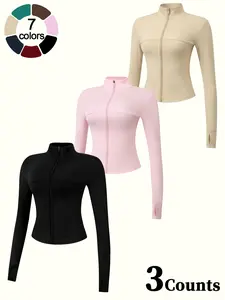 Women's Sports Jacket, Sport Outdoor Clothes, Three Piece Set Stand Collar Zip Up Stretchy Slim Fit Long Sleeve Coat Thumb Hole Design Solid Color Breathable Top Activewear for Gym Outdoor Sweat Wicking Running Cycling Yoga Wear