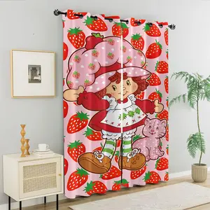 Cute Strawberry Girl Cartoon Print Window Drapes, Coquette Girly Sweet Thermal Insulated Window Treatments, Grommet Blackout Curtains, 85% shading rate (2 pieces), Gift for Girls Women Strawberry Cartoon Fans