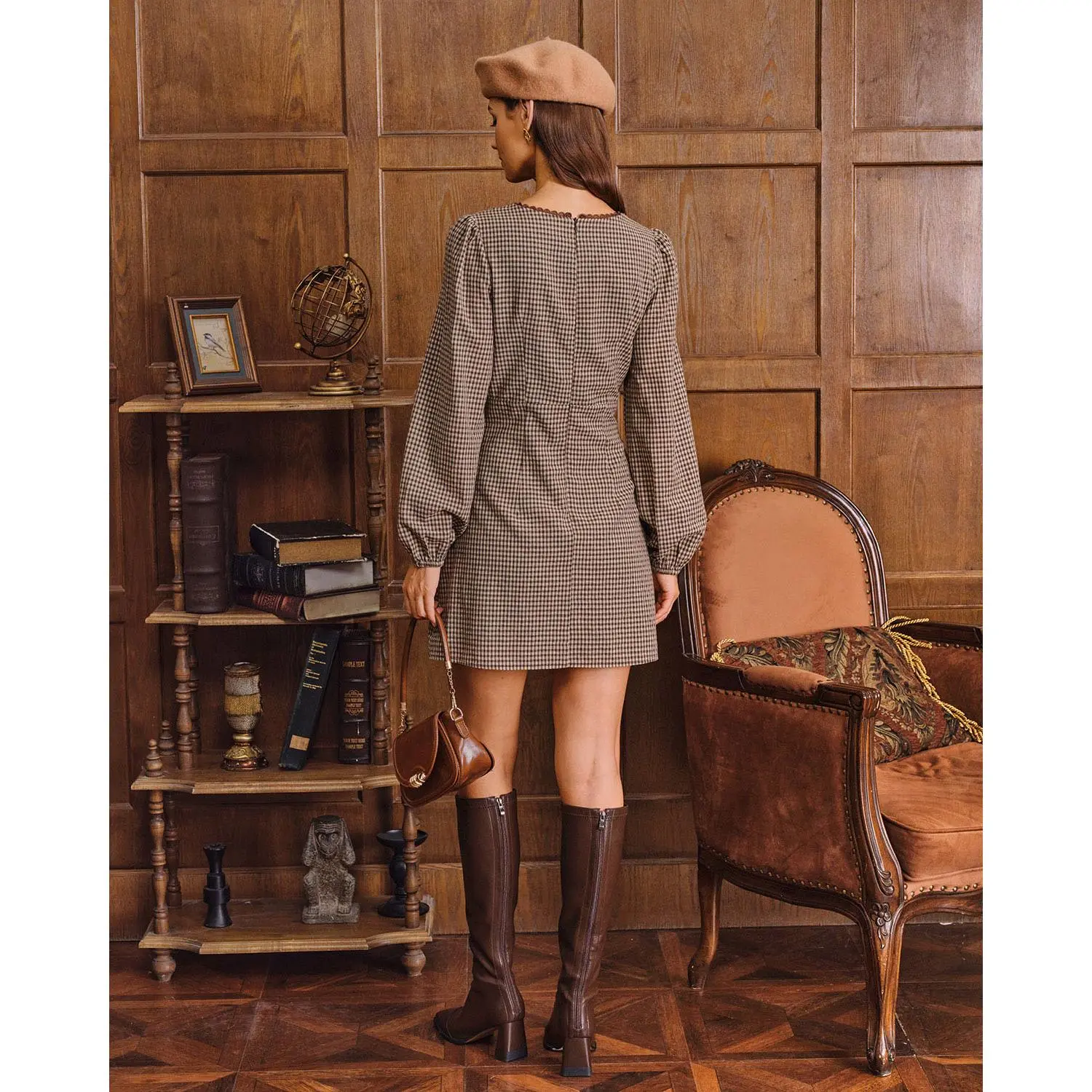 rihoas Lady's Brown Plaid Waisted Square Neck Puffed Long Sleeve Polyester  A-line Mini Dress with Floral Accent, Suitable for Office Wear,summervibes 