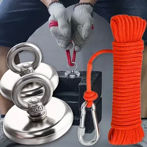 Stainless steel magnet + 1000cm dedicated rope combination, 4.2cm strong magnet, high tension, stainless steel/rare earth magnet/industrial magnet, suitable for outdoor river magnetic fishing, heavy-duty suspension, magnetic fixing.
