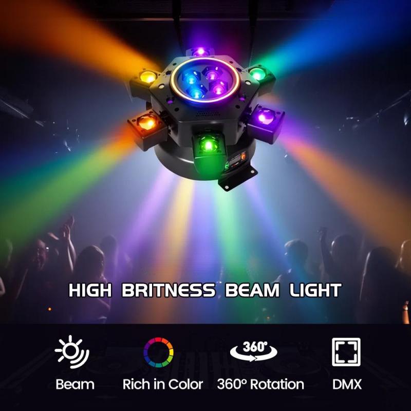 Super 6 In 1 Moving Head DJ Lights RGBW Six Arm Beam Light with Bee Eyes Effect Four LED Strobes DMX 512 Sound Activated Stage Lighting for Party Disco KTV Wedding Club Event Entertainment