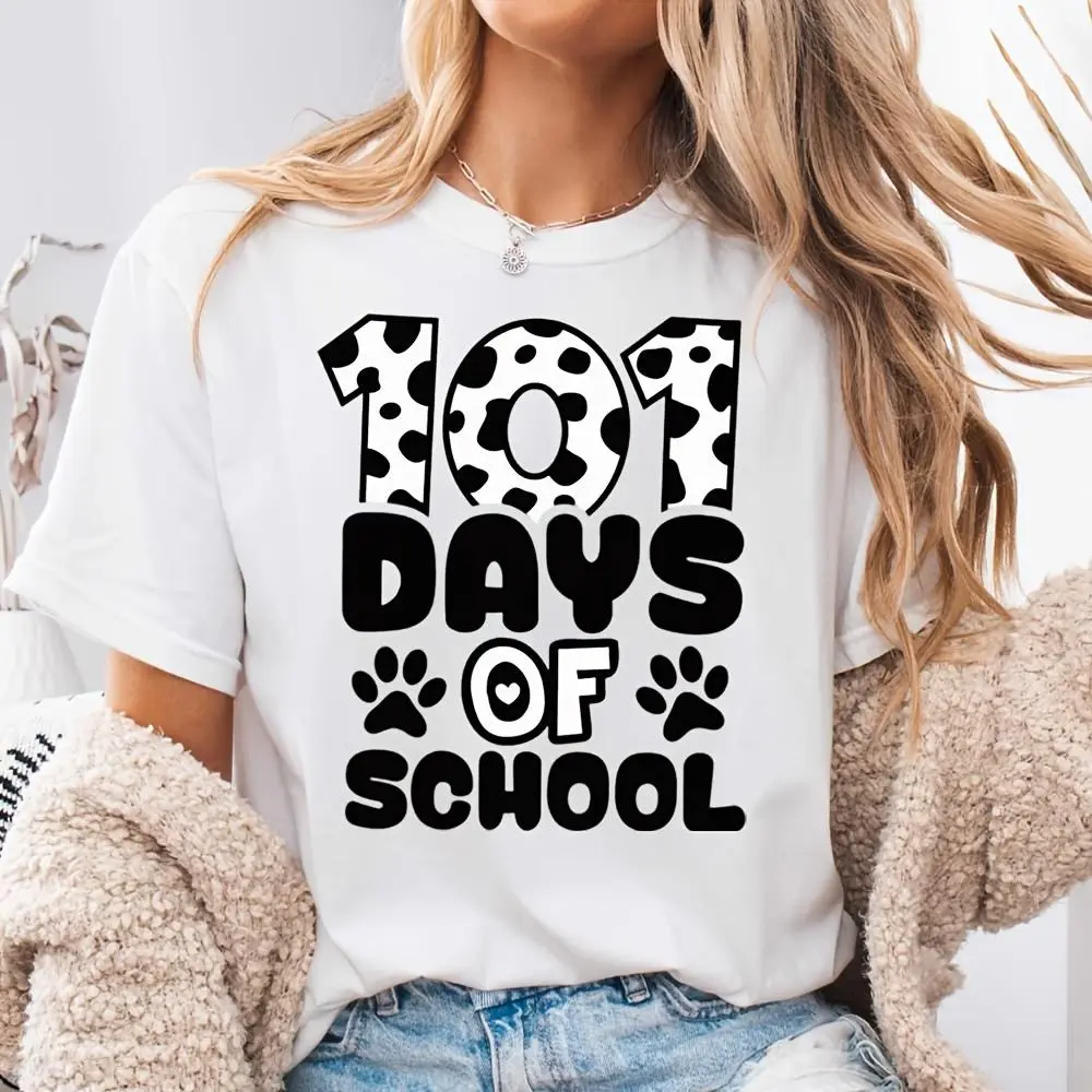 101 Days Of School Dalmatian Print Graphic, Neck Drop Shoulder T-Shirt, 100Th Day Of School Celebration Theme, Classroom Party Wear