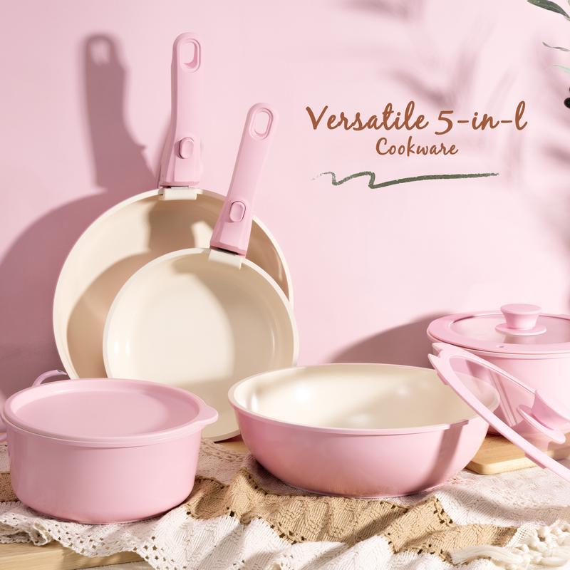 Astercook 20pcs Non-Stick Pots and Pans Set with Detachable Handle, Oven Safe, Stackable, Non-Stick RV Kitchen Cooking Set Modern Aluminum Dishwasher Safe