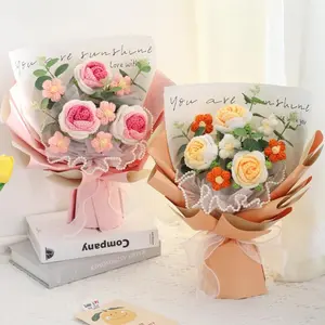 Artificial Crochet Rose Bouquet with Gift Bag, 1 Set Handmade Knitted Flower Bouquet, Birthday Gift for Girlfriend, Mother, Teacher, Friend, Decor, Decorative