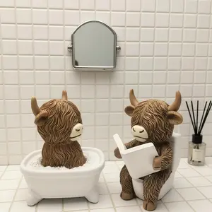 Highland Cow Resin Figurine, Decorative Sculpture with Book, Cute Farmhouse Ornament for Bathroom, Shelf, Table, or Desk, Non-Electric Collectible, Rustic Home Decor Accent, Perfect for Easter, Housewarming, Gifts, and Farmhouse Styling