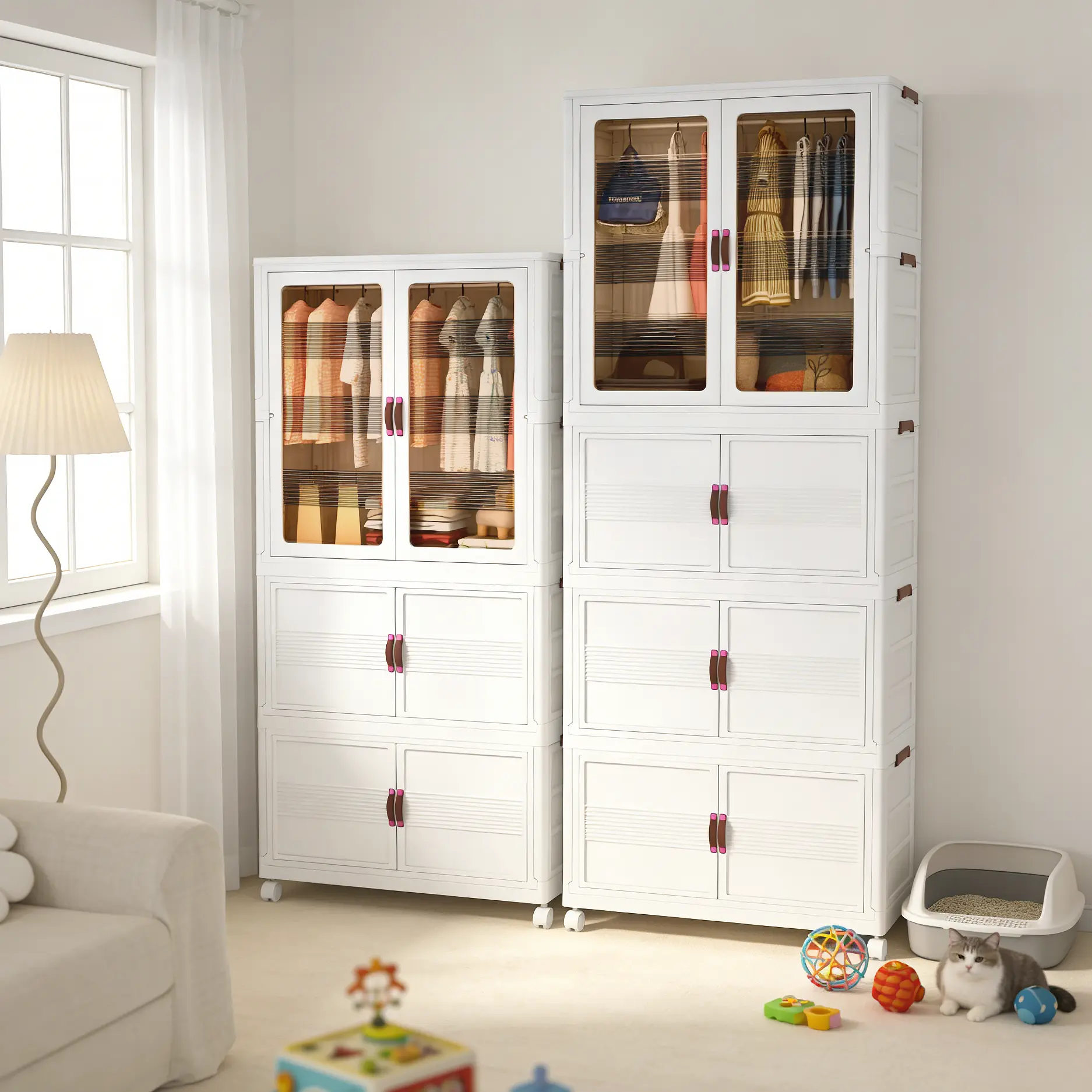 Foldable Storage Wardrobe – Plastic Closet Organizer with Magnetic Doors, Lockable Wheels & Stackable Design for Bedroom, Apartment & Home Organization