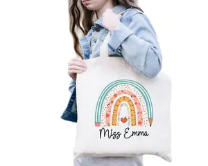 Custom Teacher Name Canvas Tote Bag, Cute Rainbow School Tote Bag Gift, Personalized Teacher Gift Bag, Teacher Thank You Gift, Teacher Appreciation Tote Bag