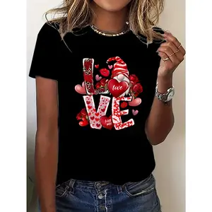 Y2K Fashion Elegant Valentine'S Day Gnome Heart Leopard Print Love Pattern Women'S Crew Neck Pullover T-Shirt Casual Sport Short Sleeve S-XXXL Multi-Color Options