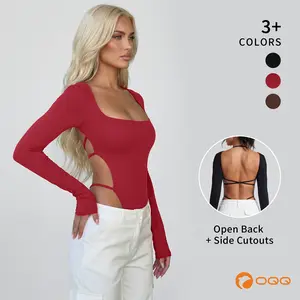 OQQ Women's Sexy Long-Sleeve Square Neck Bodysuit Top with Criss-Cross Back Fashion-forward Stylish Design for Trendy SpringStatements
