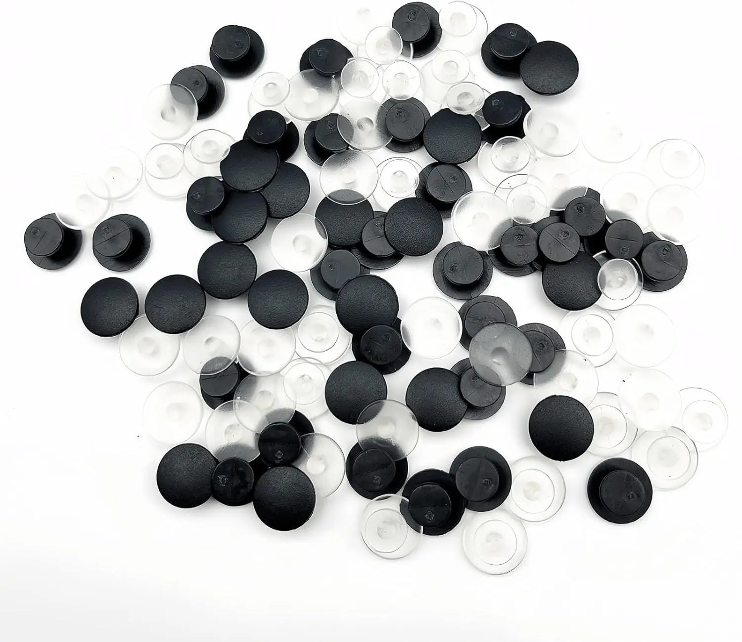 100 PCS Plastic Shoe Charm Backs - Round Buckle Buttons for DIY Shoe Charms, Wristbands, and Croc Accessories (Black and Transparent)