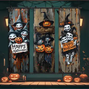 Halloween Themed Hanging Banner, 3 Counts/set Scary Zombie Poster, Creepy Demon Halloween Mural, Happy Halloween Letter Decoration