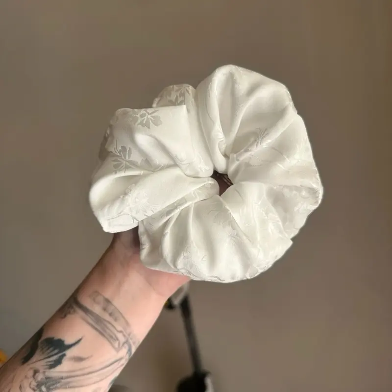 White Satin Floral Scrunchie
