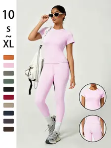 Women's Sporty Fitted Yoga Tracksuit Set, Lightweight Athletic Outfits, Soft Breathable Short Sleeve Top & Elastic Pants, Ideal for Fitness Running Outdoor Activities