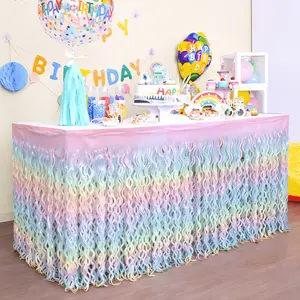 A Disposable Table Skirt with a Rainbow Gradient Design, Suitable for Decorating Tables at Birthday Parties, Weddings, And Gatherings, Measuring 29.53*108.27inch