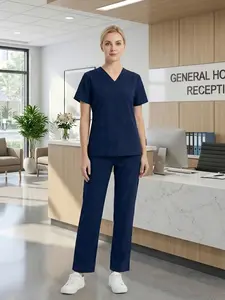 Women's Medical Surgical Basic Scrubs Set with Pockets, V Neck Top & Pants, Fitted Comfortable Hospital Workwear Uniforms, Professional Nursing Wear