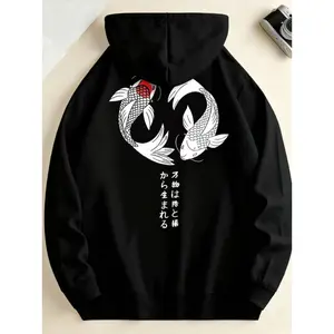 Men's Black Hoodie with Koi Fish and Japanese Text Print, Casual Streetwear for Daily Wear and Fashion Outfits