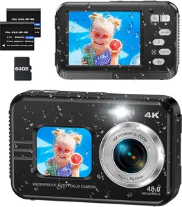 4K Underwater Camera with 64GB Card, 11FT Waterproof Camera Dual-Screen Selfie Underwater Cameras for Snorkeling 16X Digital Zoom Waterproof Digital Camera 2 Batteries (Black)