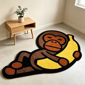 Cartoon monkey holding banana carpet, thickened anti slip flocking material, living room trendy decorative area rug pad, soft rug, atmospheric foot pad, niche and quirky style, household irregular floor mat